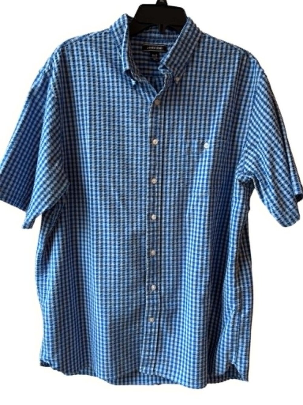 Lands’ End Men’s XLT Blue Seersucker Button Up Shirt Short Sleeve Plaid